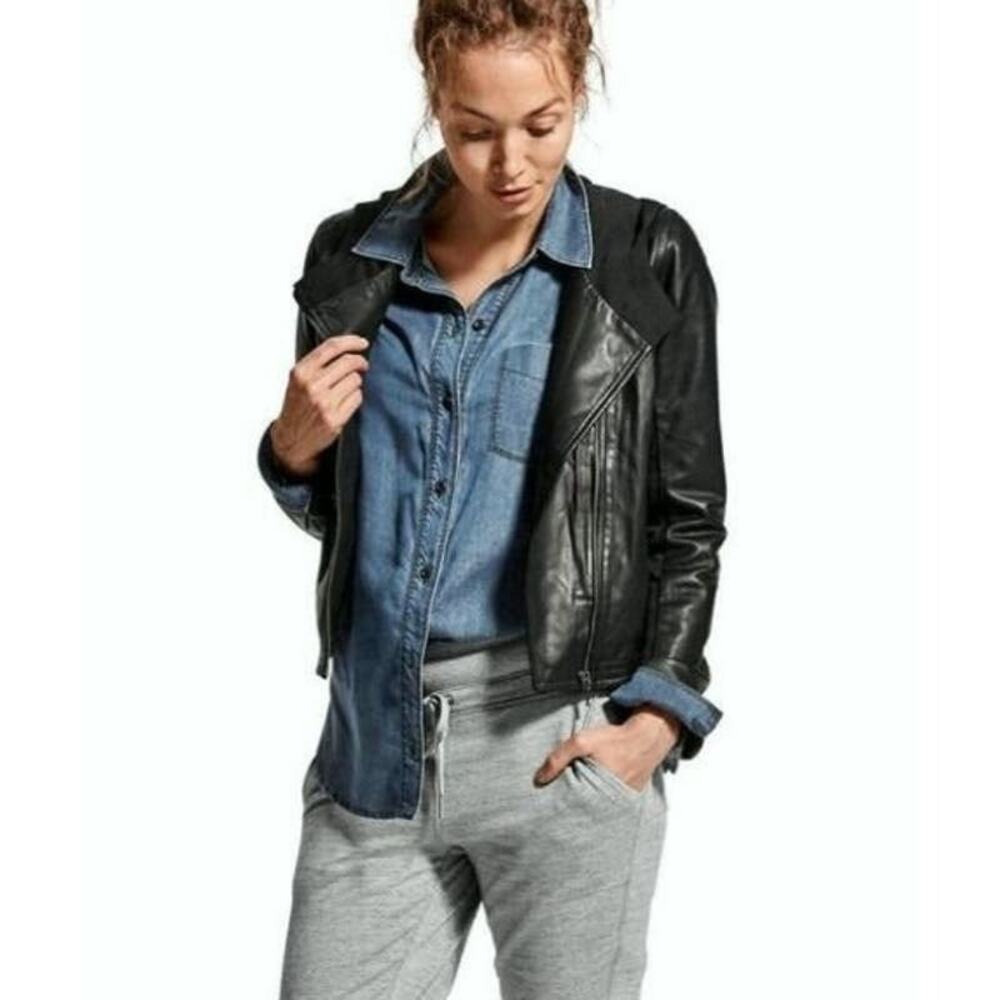 Athleta Fog City Leather Jacket Hooded Moto Biker Rare Sz XS